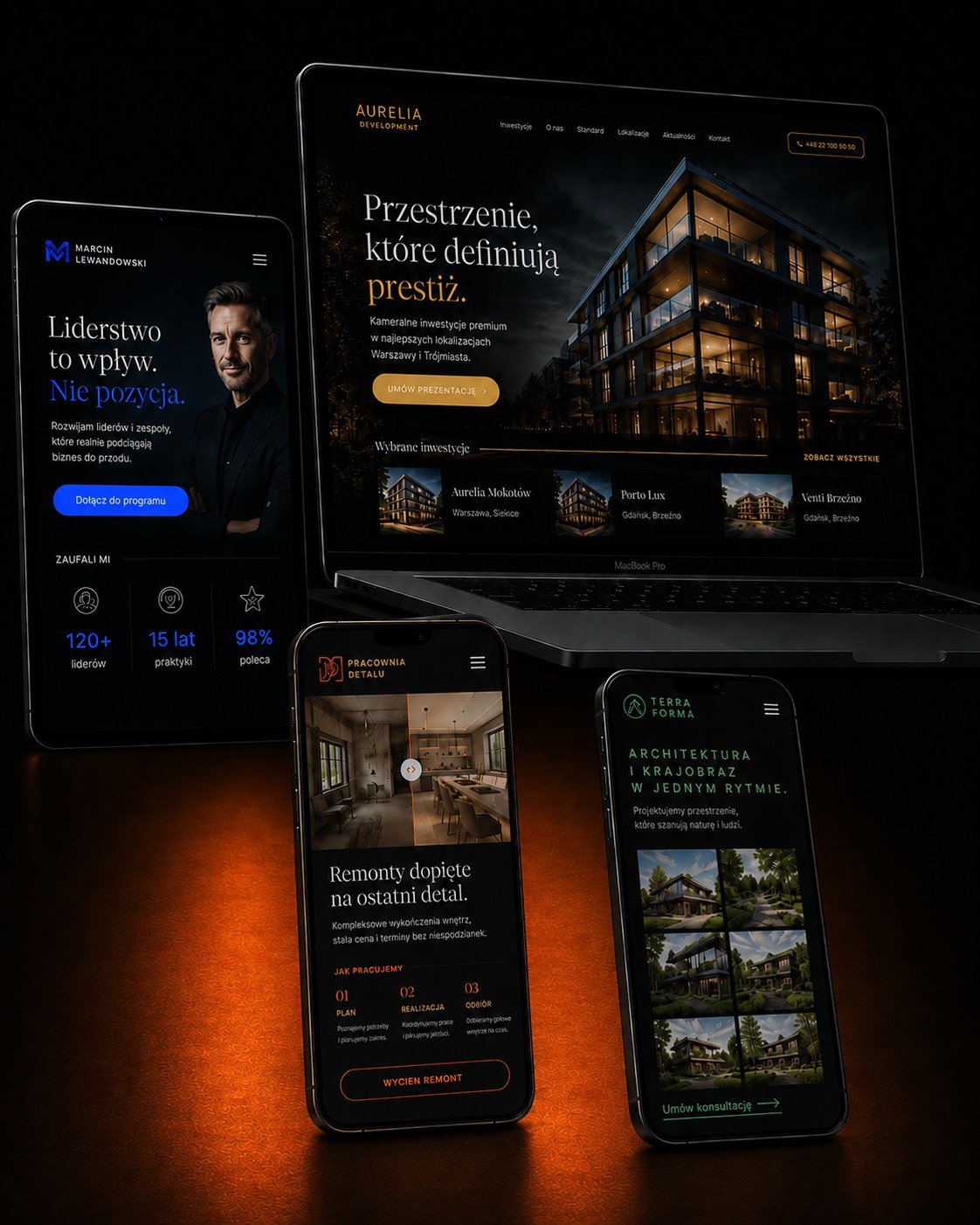 DigiAds Studio — wielourządzeniowy showcase realizacji premium, dark-tech multi-device mockup